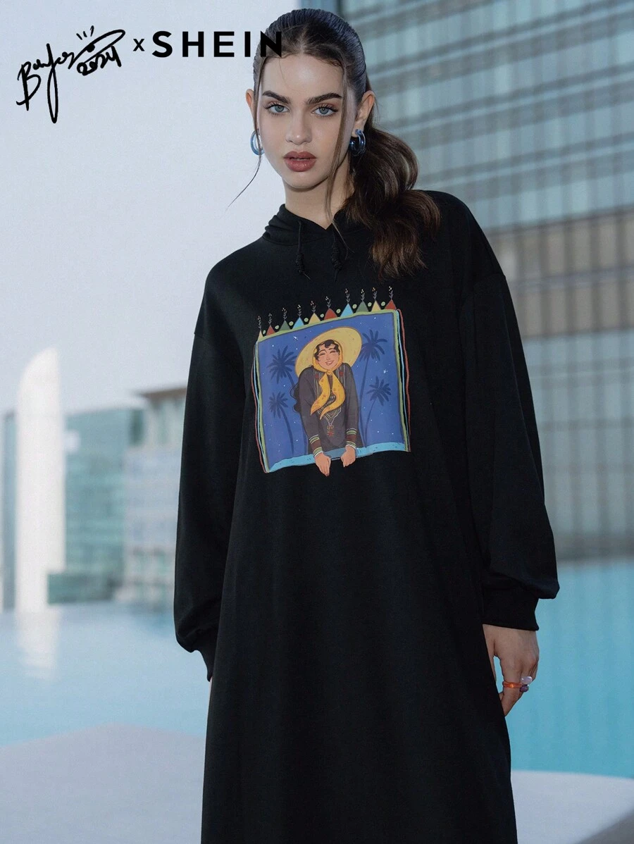 Mulvari 女式卡通人物印花抽绳连帽长袖休闲阿拉伯朴素连衣裙、超长款运动衫连衣裙，秋冬 - 黑色 - 查看 1