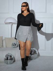 SHEIN EZwear Plus Size Women Solid Color Asymmetric Hem Crisscross Wrap Skort - Silver - View 5