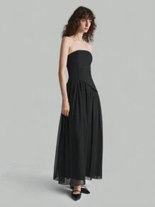 Ontre Váy chữ A trễ vai mới nhất mùa xuân 2025 dành cho nữ, Váy mặc hàng ngày và dự tiệc, Váy dài trễ vai chắp vá màu đen - màu đen - Xem 4