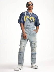 PAVTROS Manfinity Streetrush Men's Light Blue Washed Denim Overall Pants
