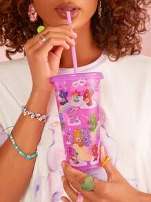 SHEIN X Care Bears Vaso con cañita de 750ml con impresión de dibujos animados que cambia de color, diseños de Cheer Bear, Bedtime Bear y Tenderheart Bear, regalos - Rojo violeta - Ver 1