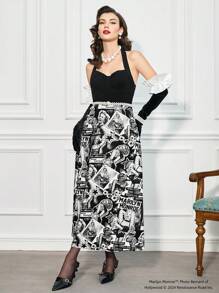 Marilyn Monroe X SHEIN 图案与字母拼布印花挂脖连衣裙（无腰带） - 黑色 - 查看 5