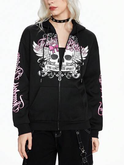 Kawaii Halloween PUNK Gothic Skull Englisch Muster Reißverschluss Hoodie für Damen