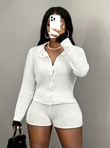 Slaydiva 2pcs Women's Casual Basic Hollow See-Through Long Sleeve Shirt And Elastic Waist Hollow See-Through Shorts Set - White - View 2