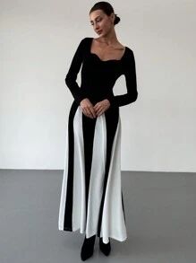 Aloruh Hàng mới về Thu/Đông Tay dài Màu đen và trắng Cổ chữ A ôm vừa vặn - Đen và trắng - Xem 4