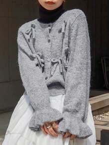 FRIFUL Women's Bow Decorated Thicken Fleece Sweater,Fall Women Clothes,Winter