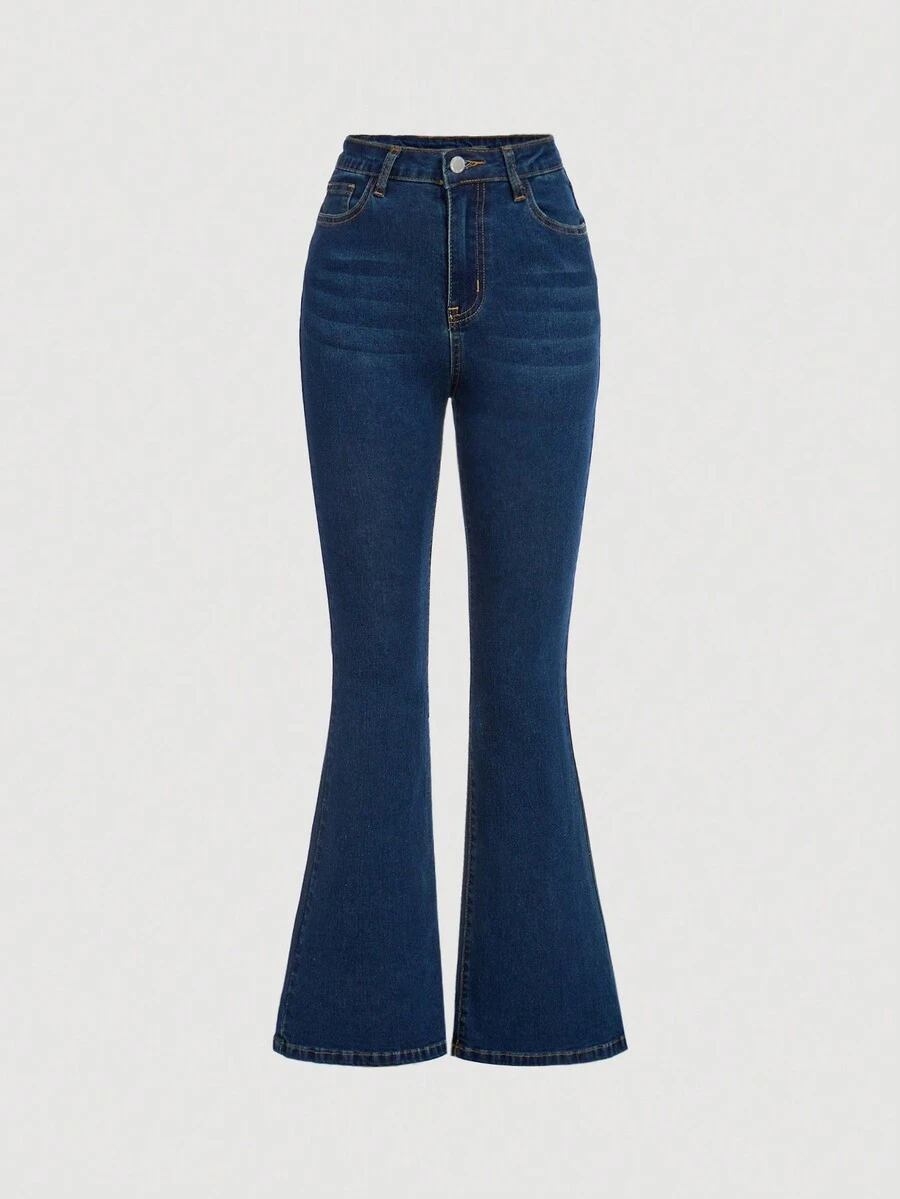 青少年女孩纯色贴身口袋喇叭腿牛仔裤 - 深色水洗藍 - 查看 1