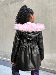 SHEIN Jaqueta De Lã Quente Com Capuz Para Meninas Pré-Adolescentes Com Gola Rosa, Casaco Casual De Inverno
