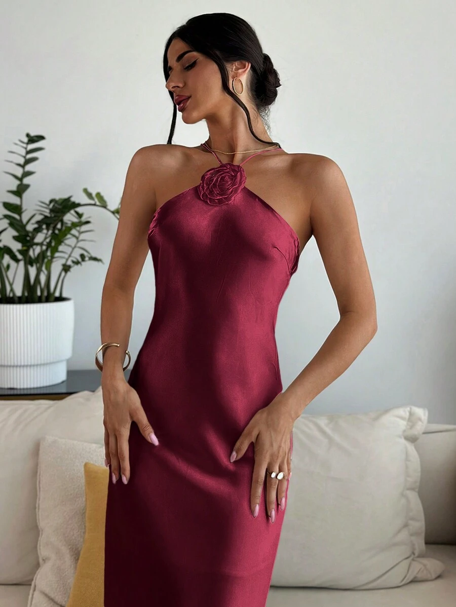 Firerie Women's 3D Flower Neck Tie Dress Elegant Graduation Formal Gown - Burgundy - View 1