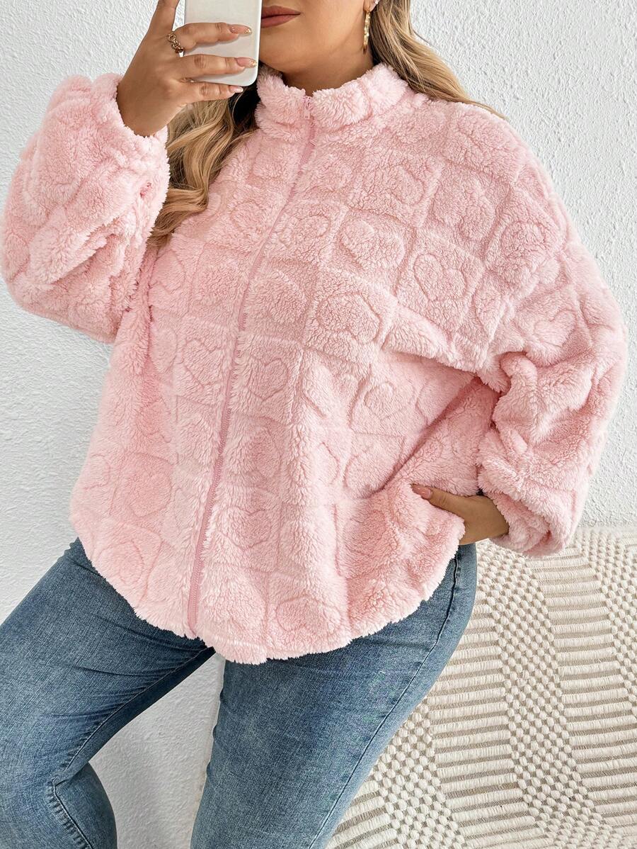SHEIN CURVE+ Áo khoác trái tim màu hồng thường ngày cỡ lớn, dành cho mùa đông - Hồng - Xem 1