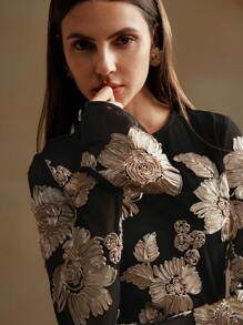Anewsta Floral Print Round Neck Long Sleeve Casual Short Dress - Black - View 4