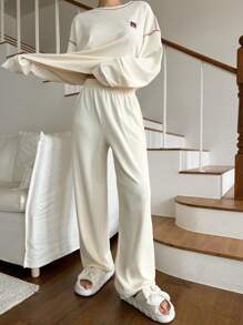 DAZY 撞色装饰休闲家居服套装睡衣 - 杏色 - 查看 5