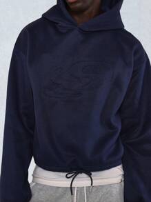 SUMWON Felpa oversize con cappuccio in pile, con logo in rilievo, felpa da atletica invernale, abbigliamento da relax con laccetti, casual, sportivo e da allenamento - Blu - Visualizzare 3