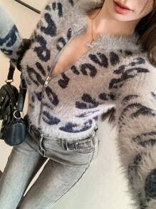 DAZY 女士秋冬豹纹拉链开衫披肩、长袖上衣、秋季女装 - 霧霾藍 - 查看 7