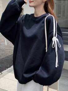 DAZY Áo nỉ nữ tay dài cổ tròn in họa tiết sọc màu tương phản, quần áo nữ mùa thu - Màu xanh hải quân - Xem 1