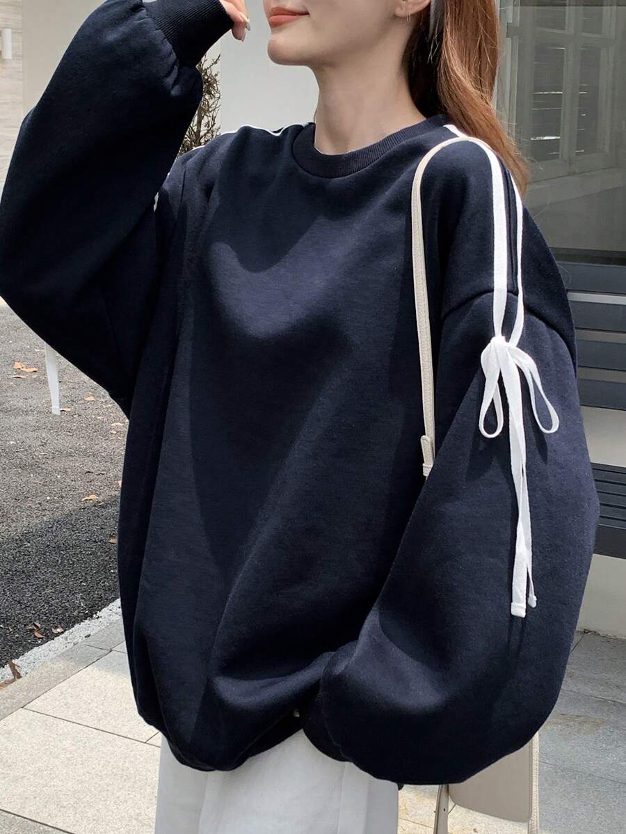 DAZY Áo nỉ nữ tay dài cổ tròn in họa tiết sọc màu tương phản, quần áo nữ mùa thu - Màu xanh hải quân - Xem 1