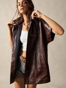 Bohemela Vestido de camisa de manga larga oversize de unicolor PU para mujer, Top de manga corta - Marrón - Ver 7