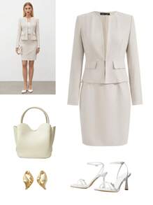 BizChic 女式双排扣长袖西装外套和配套铅笔裙套装，都市通勤商务休闲正式优雅装，秋冬 - 杏色 - 查看 11