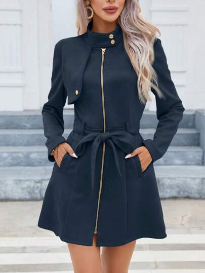 SHEIN Privé Women's Solid Color Minimalist Daily Long Sleeve Tie Jacket, Fall And Winter,Business Casual,Long Sleeve