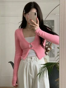 DAZY Women's Solid Color V-Neck Cropped Fitted Cardigan Sweater,Fall Clothes - Pink - View 5