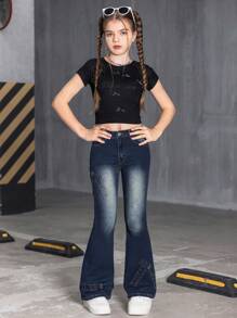 SHEIN 青少年女孩时尚休闲蝴蝶结点缀复古喇叭牛仔裤 - 深色水洗藍 - 查看 4