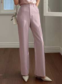 DAZY 女士纯色口袋直筒休闲商务裤，女士低腰正装裤 - 粉色 - 查看 1