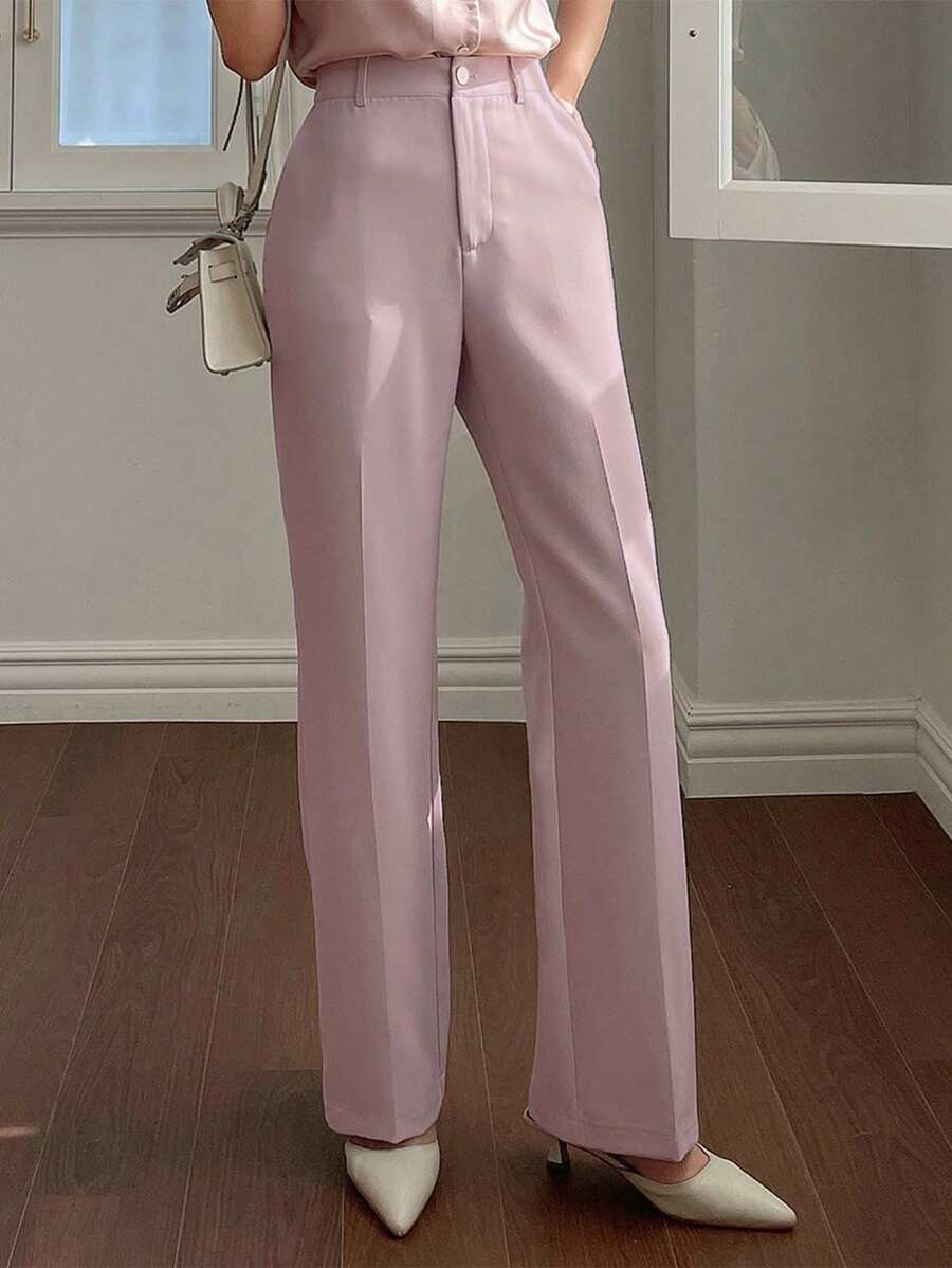 DAZY 女士纯色口袋直筒休闲商务裤，女士低腰正装裤 - 粉色 - 查看 1
