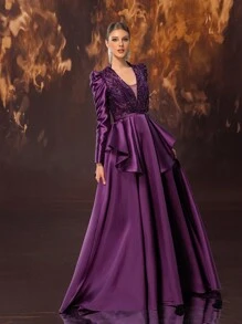 YISIKADO Women's Formal Ball Gown, Luxurious Satin & Mesh Beaded Puff Sleeve Evening Dress, Long Sleeve Prom Dress, For Wedding Guest, Graduation, Dinner - Purple - View 5