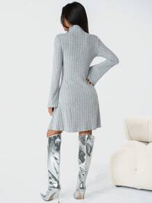 Y2K 风格少女 2024 秋冬罗纹高领喇叭袖休闲束腰连衣裙，适合返校季穿着 - 淺灰色 - 查看 2