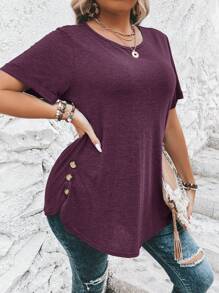 SHEIN Clasi 大码女式秋季纯色圆领短袖侧扣装饰休闲 T 恤 - 紫色 - 查看 6
