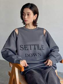 FRIFUL Sudadera gruesa con forro térmico y diseño de corte con letras para mujer, otoño e invierno - Gris - Ver 2