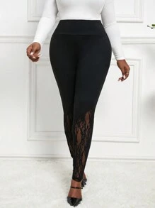 SHEIN Lady Spring And Summer Autumn And Winter Elegant Casual Black  Knitted Lace Plus Size Leggings Fall Women Clothes Women Costumes Rave Festival Outfits Business Women Clothes Capri Pants