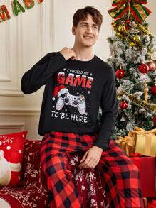 Notgurli Men's Letter And Gamepad Printed Long Sleeve Loungewear Top - Black - View 1