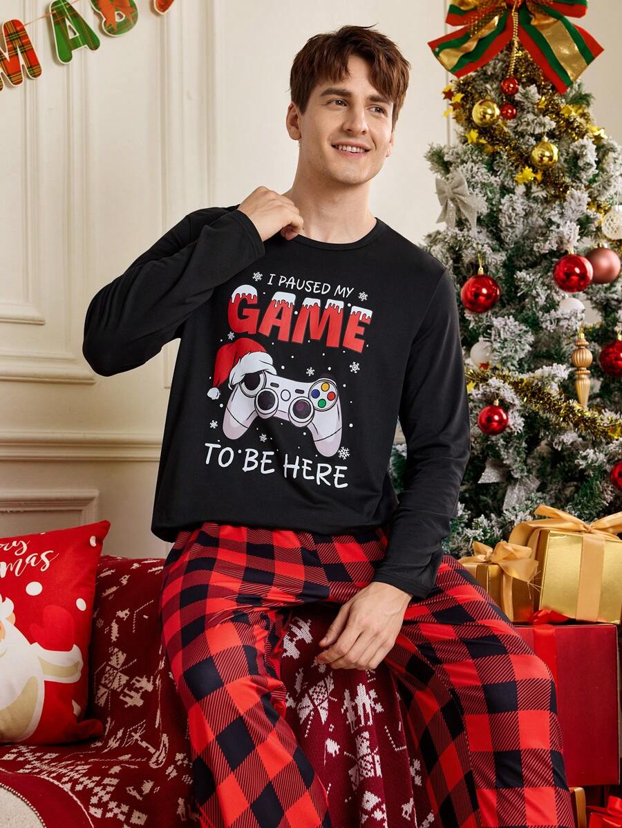 Notgurli Men's Letter And Gamepad Printed Long Sleeve Loungewear Top - Black - View 1