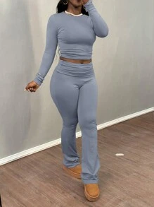 Women's Solid Color Crew Neck Long Sleeve T-Shirt And Pants Casual Set, Spring/Summer