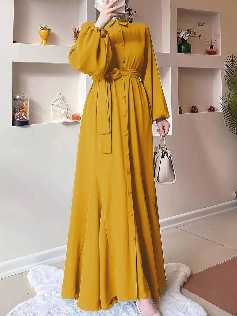 Long Arabian Style Solid Color Lantern Sleeve Button Front Dress, Modest
