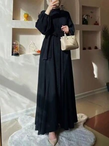 Women's Solid Color Maxi Long Dress With Collar And Self-Tie Belt, Elegant Long Sleeve Abaya, Modest