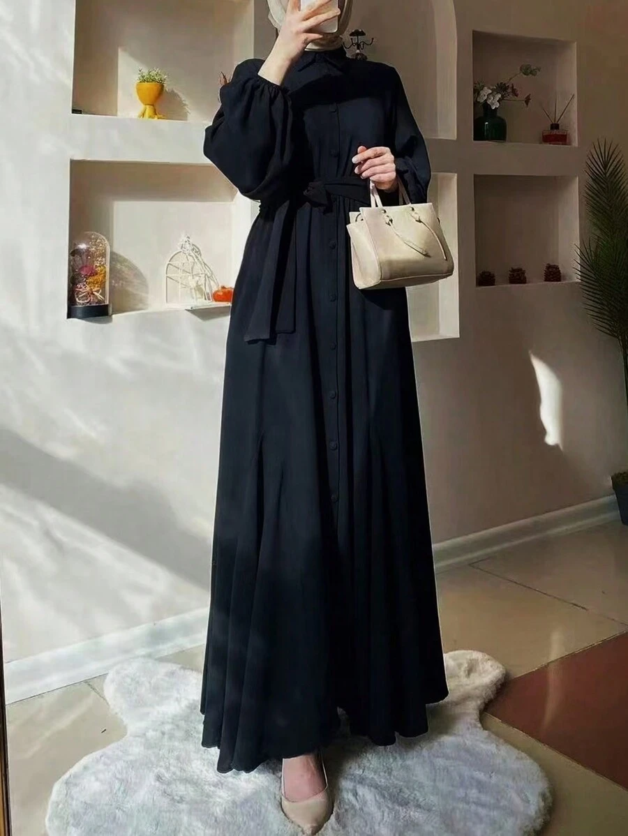 Women's Solid Color Maxi Long Dress With Collar And Self-Tie Belt, Elegant Long Sleeve Abaya, Modest