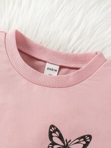 SHEIN 2 peças blusa de manga comprida com estampa de borboleta e camuflagem para meninas jovens e calças com cintura elástica roupa casual - Roxa - Ver 3