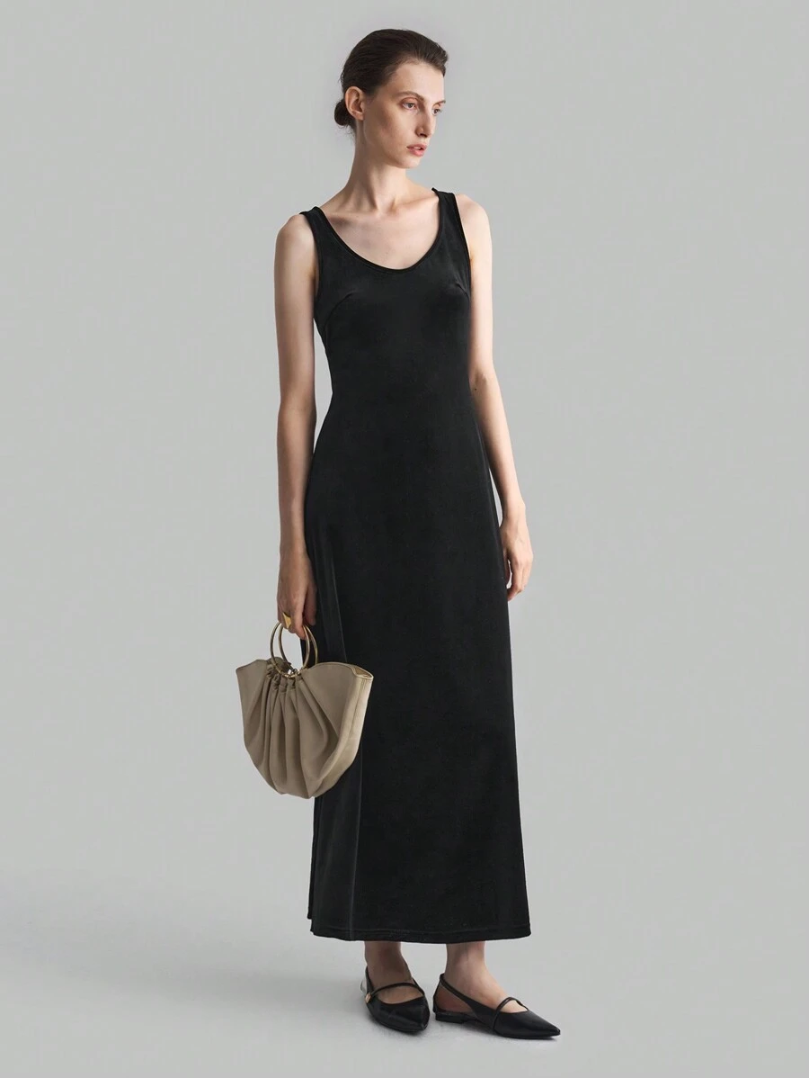 Ontre 天鹅绒无袖连衣裙，黑色宽下摆长款紧身连衣裙，性感修身，适合秋季女性 - 黑色 - 查看 1