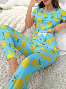 Lemon Print Short Sleeve Pajama Set - Dusty Blue - View 1