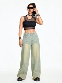 ROMWE Grunge Punk 街頭風格復古寬鬆直筒工藝洗水牛仔褲,磨損洗水和破洞邊緣處理