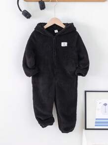 SHEIN Leap Crew 1 件装年轻男孩服装，加厚保暖内衬连帽连体裤，适合通勤、学校、休闲、学院风、学院风、基本款 - 黑色 - 查看 5