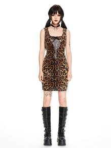ROMWE Kawaii Vestido mini ajustado con cuello cuadrado, lentejuelas y estampado de leopardo para mujer, estilo Y2K - Marrón - Ver 1
