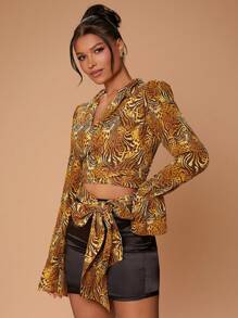 Hauture Top con corbata propia de gasa impresa transparente - Multicolor - Ver 3