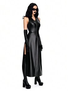 ROMWE Avant 2 件性感 PU 连帽斗篷和迷你短裤万圣节角色扮演服装套装 - 黑色 - 查看 4