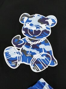 Manfinity VCAY 男士迷彩熊印花短袖动漫 T 恤和短裤套装 - 藍色 - 查看 3