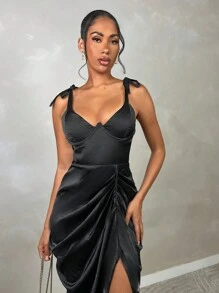 SHEIN BAE Váy midi satin đen cho nữ dự tiệc Halloween, trở lại trường - màu đen - Xem 5