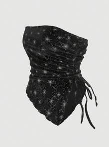 SHEIN MOD 大码不对称下摆星月太阳箔印花褶皱上衣，派对/俱乐部服装 - 黑色 - 查看 5