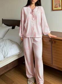 DAZY All-Over Floral Print Tie-Front Pajama Set - Pink - View 5